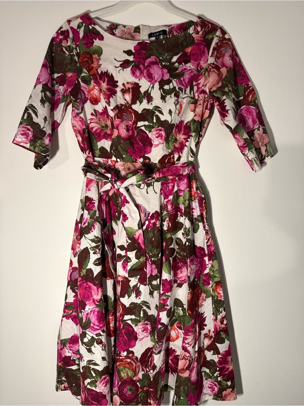Floral Belted Midi Dress in Pink & Green by